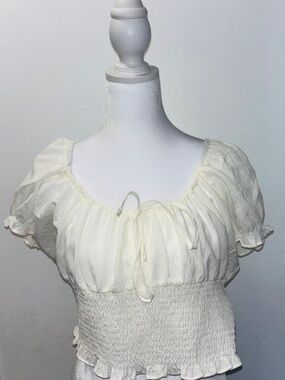Smocked Ivory Peasant Blouse with Tie Neck